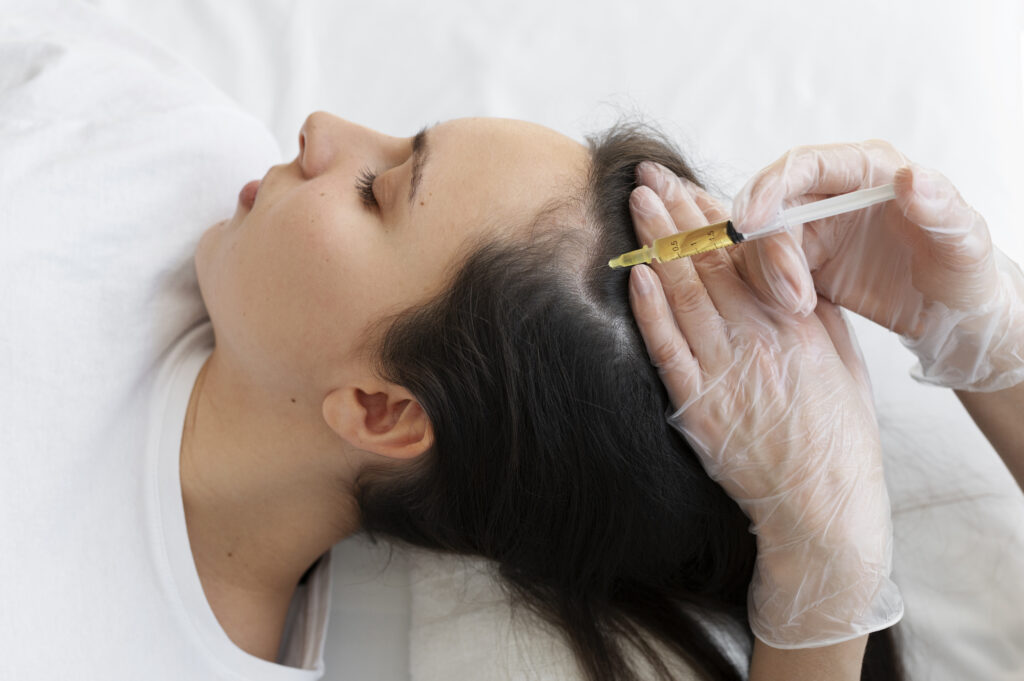 Woman getting scalp prp treatment high angle